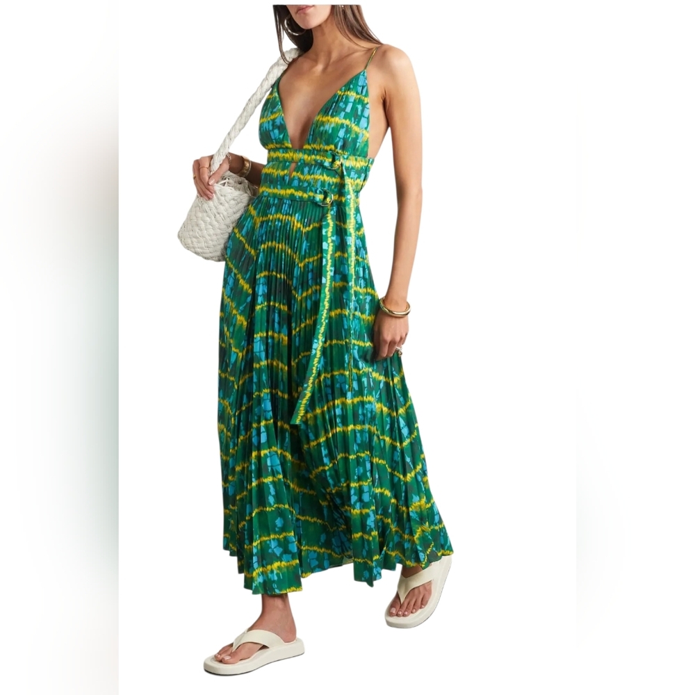 $2495 Altuzarra Winda Tie Dye Belted Maxi Dress Green Italy IT 40 US 4